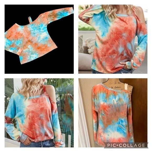 Medium Tie-Dye Oversized Top Off-the-Shoulder Cold-Shoulder Long-Sleeve Shirt - Picture 1 of 5